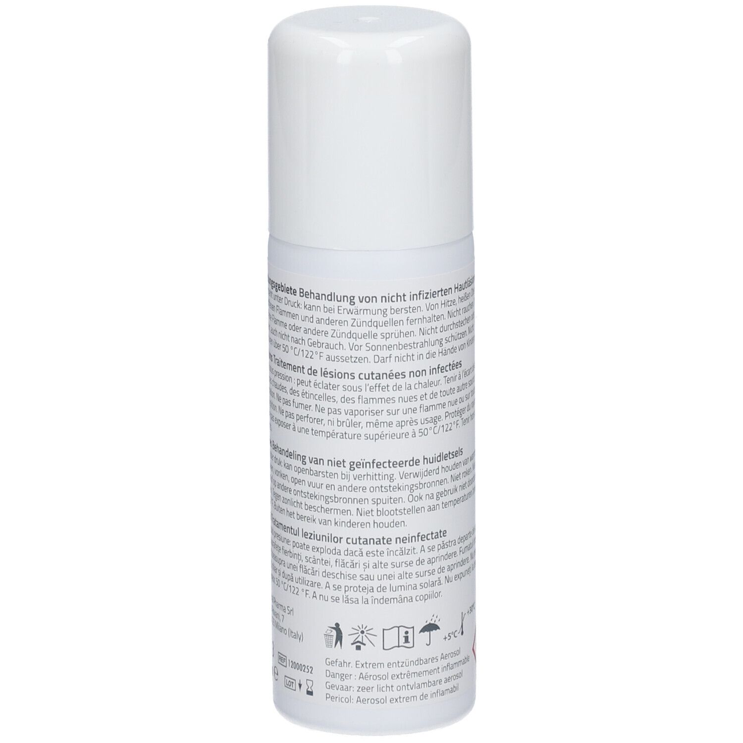 Dos du flacon spray blanc. Texte multilingue. Avertissements et symboles. Marque CE.