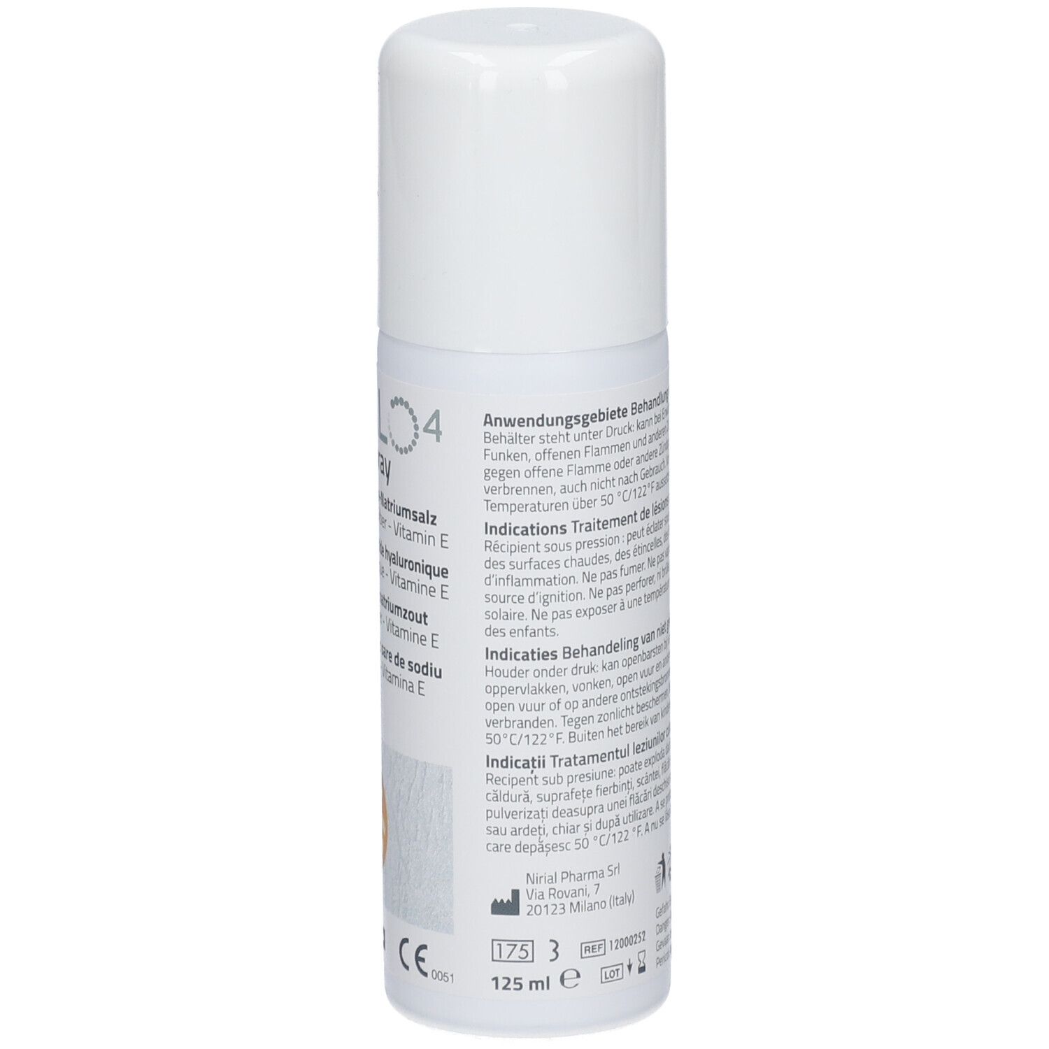 Dos du flacon spray blanc. Texte multilingue. Avertissements et symboles. Marque CE.