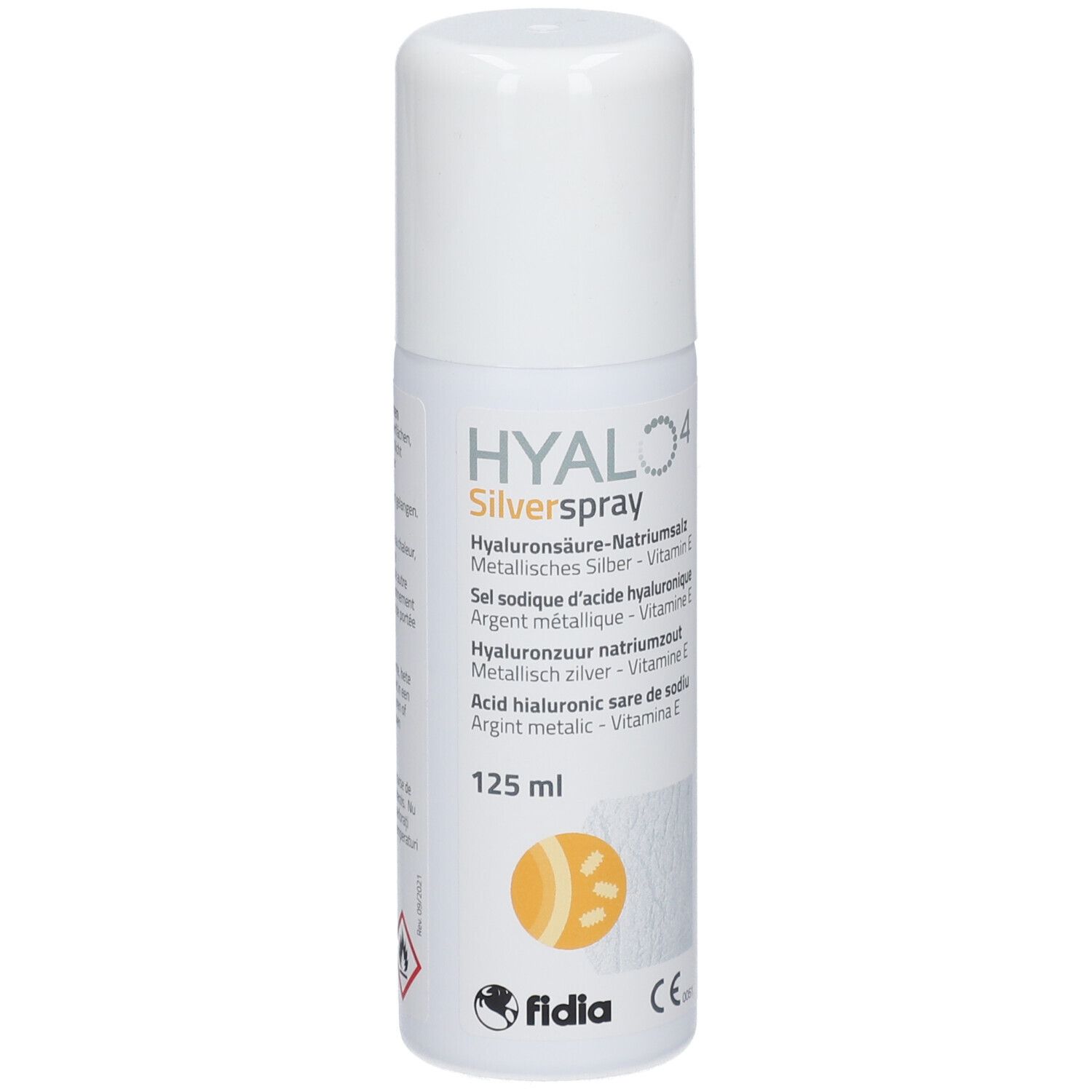 Flacon spray blanc avec bouchon. Inscriptions: HYAL 4 Silverspray, 125 ml. Contient acide hyaluronique, argent, vitamine E. Marque CE.