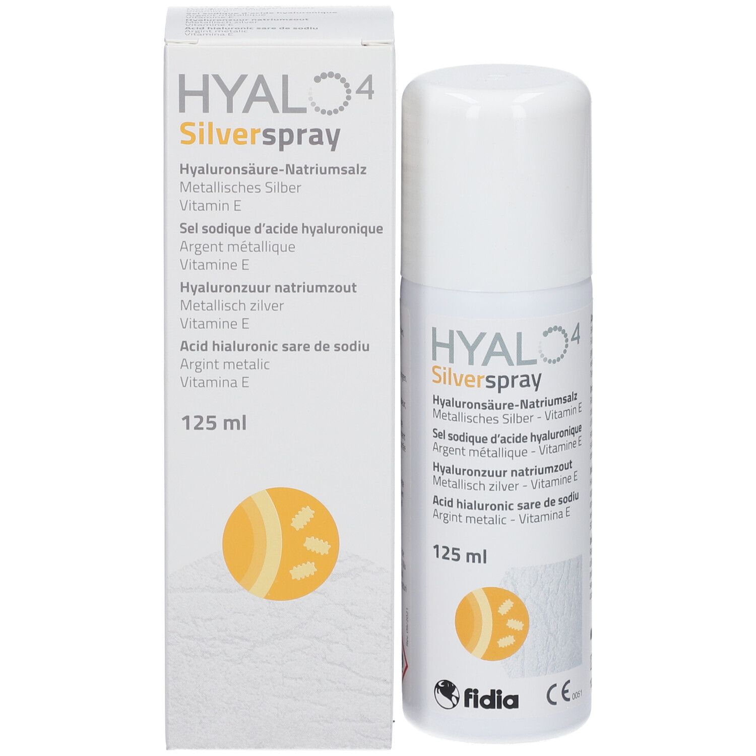 Emballage et flacon spray. Emballage: HYAL 4 Silverspray, 125 ml. Contient acide hyaluronique, argent, vitamine E.