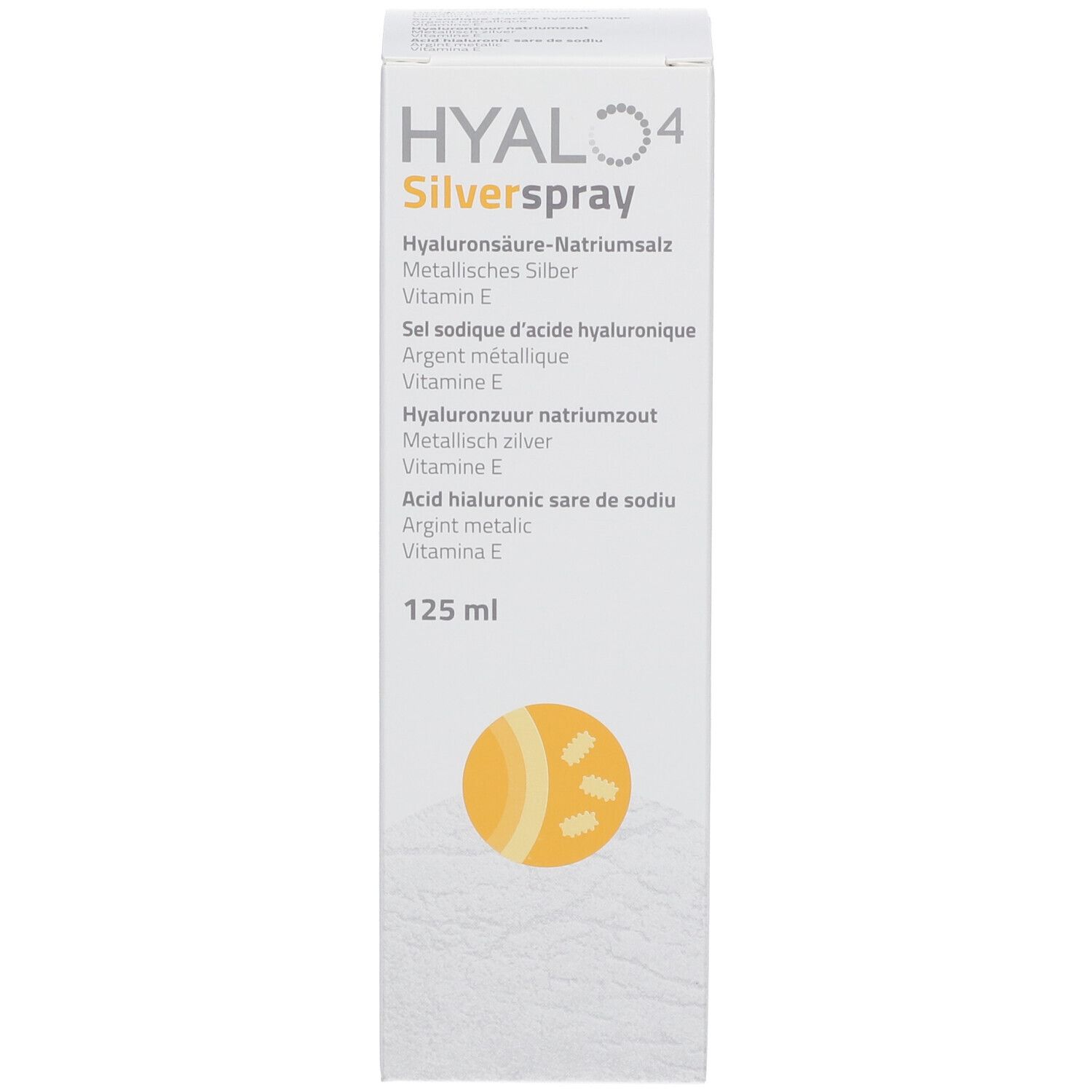 Emballage du produit. Inscriptions: HYAL 4 Silverspray, 125 ml. Contient acide hyaluronique, argent, vitamine E.