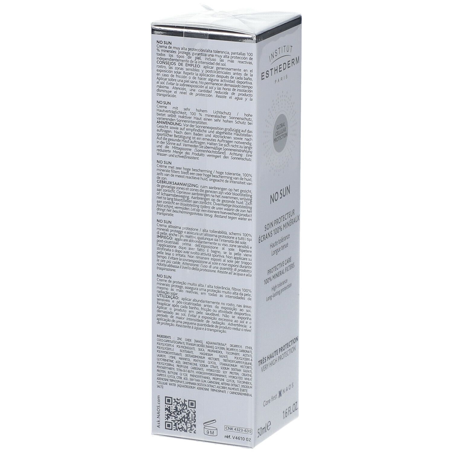 Dos de l'emballage Institut Esthederm No Sun. Texte multilingue. Code QR et logo.