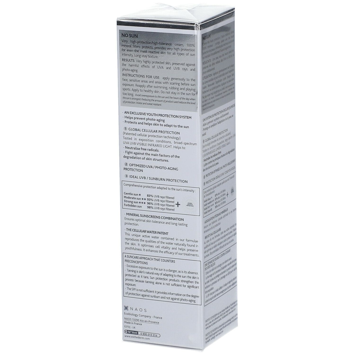 Côté de l'emballage Institut Esthederm No Sun. Texte multilingue. Logo et informations.