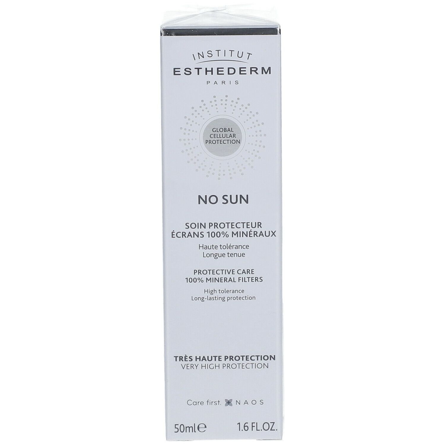 Emballage Institut Esthederm No Sun. Boîte blanche avec informations et logo. 50ml, 1.6 FL.OZ.