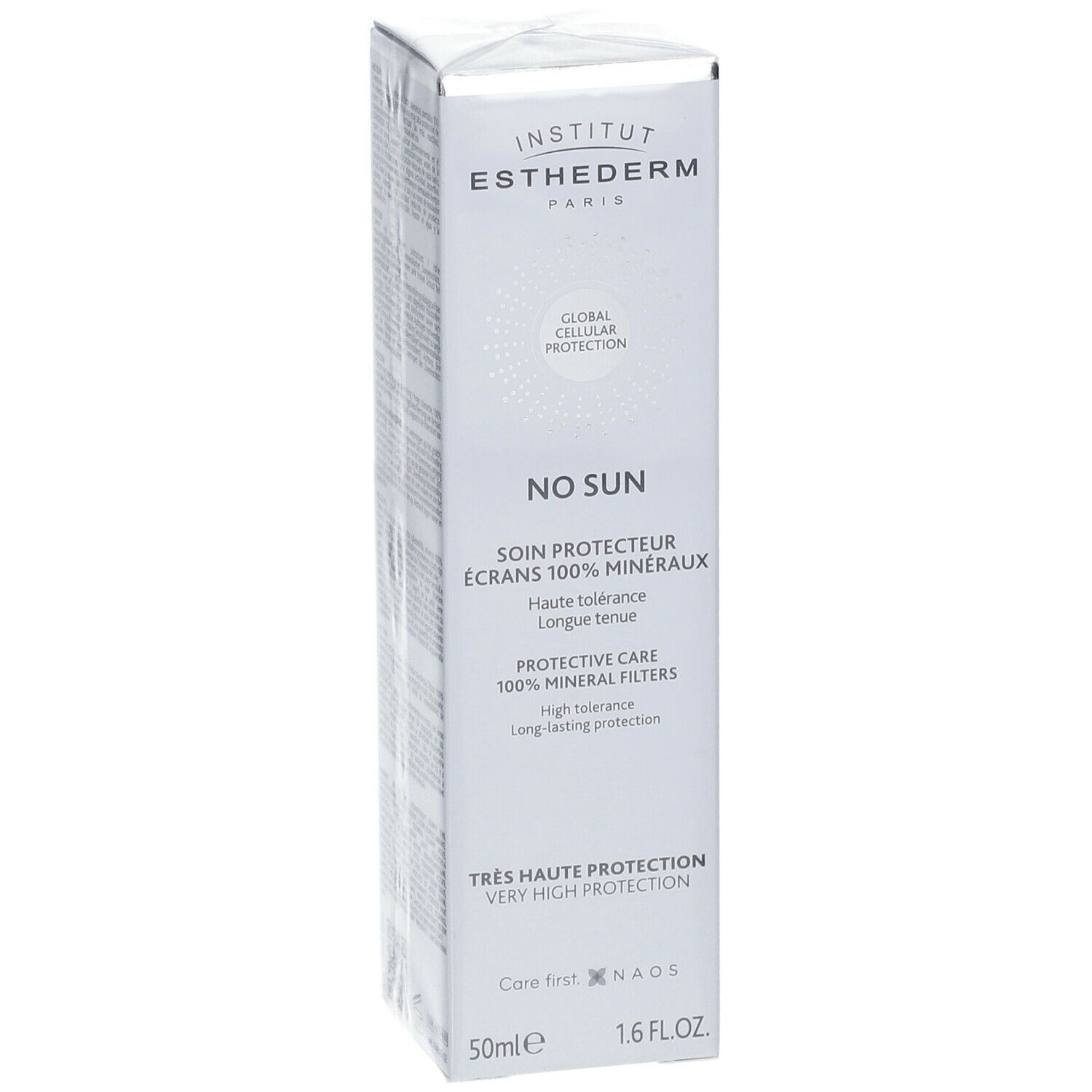 Emballage Institut Esthederm No Sun. Boîte blanche avec informations et logo. 50ml, 1.6 FL.OZ.