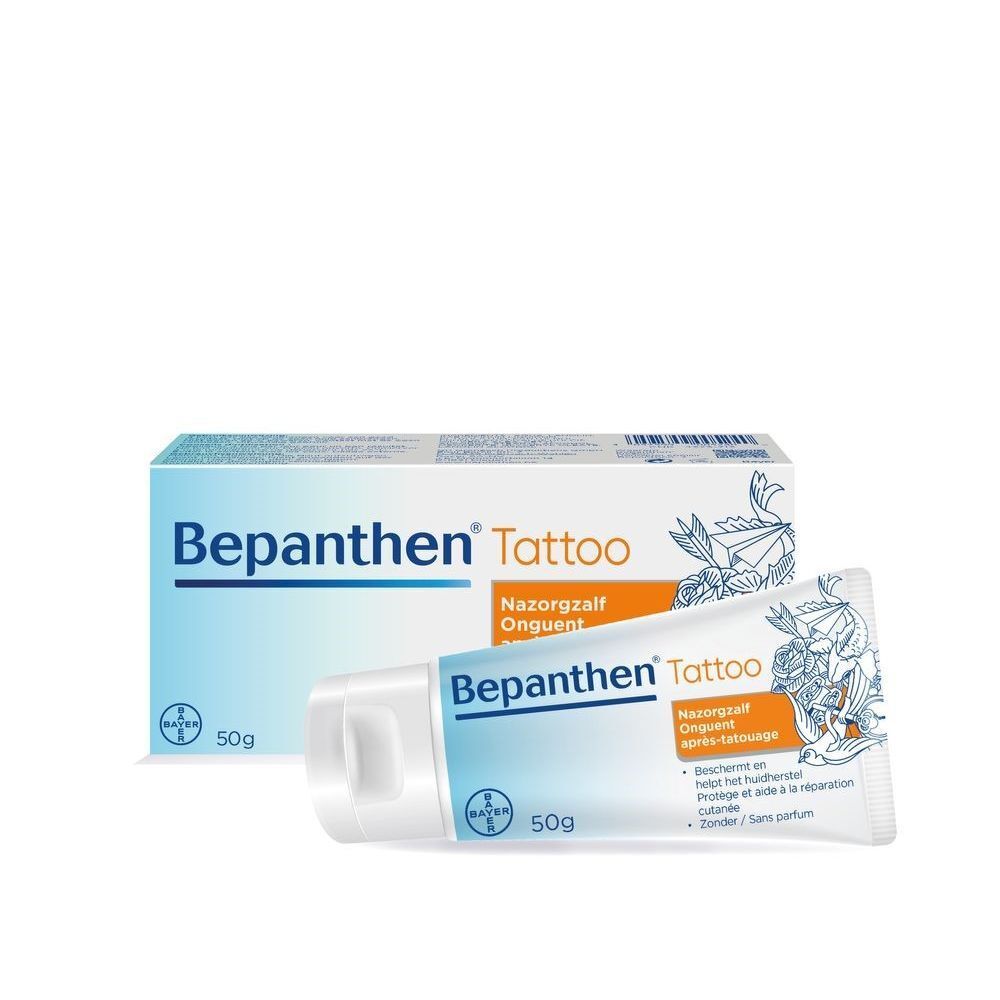Emballage du produit Bepanthen Tattoo Onguent après-tatouage. Tube et boîte. Texte: Nazorgzalf, Onguent après-tatouage, 50g.