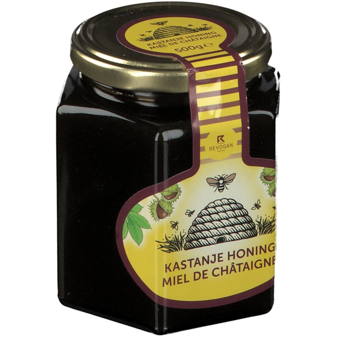 Pot honing met etiket. Opschrift: Kastanje Honing Miel de Châtaigne. Geel etiket met bijen en kastanjes.