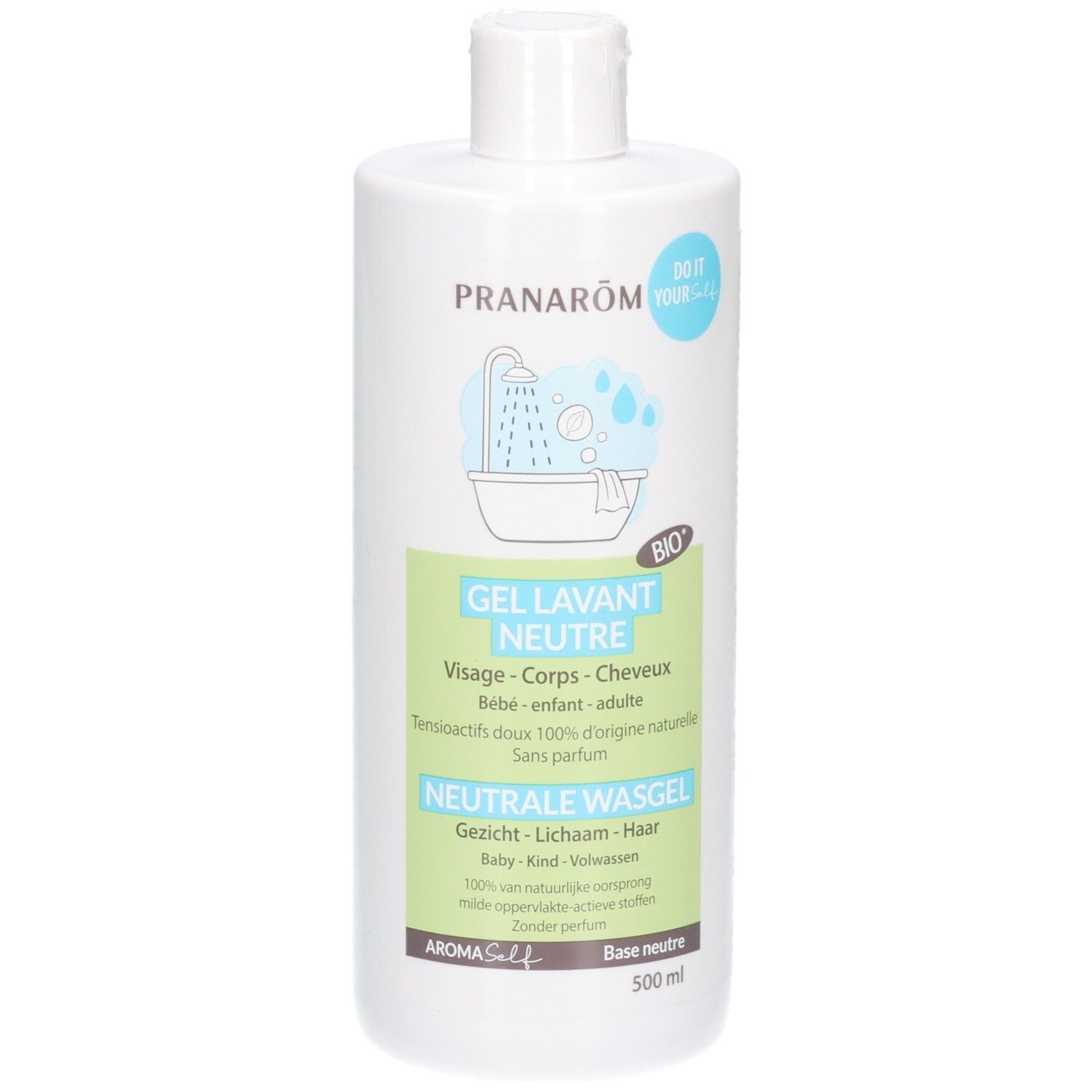 Weiße Flasche Pranarôm Neutrale Waschgel, 500ml, mit Bio-Siegel und Dusch-Symbol.