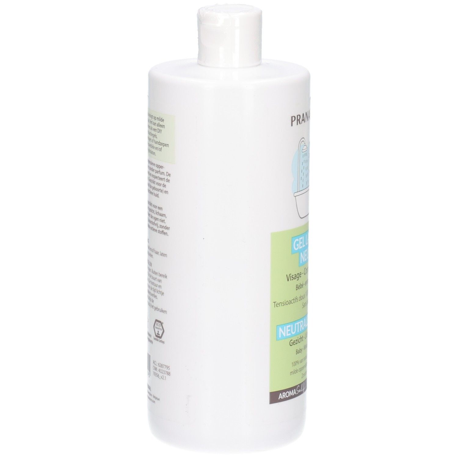 Rückseite einer weißen Flasche Pranarôm Neutrale Waschgel mit Bio-Siegel und Anwendungshinweisen.