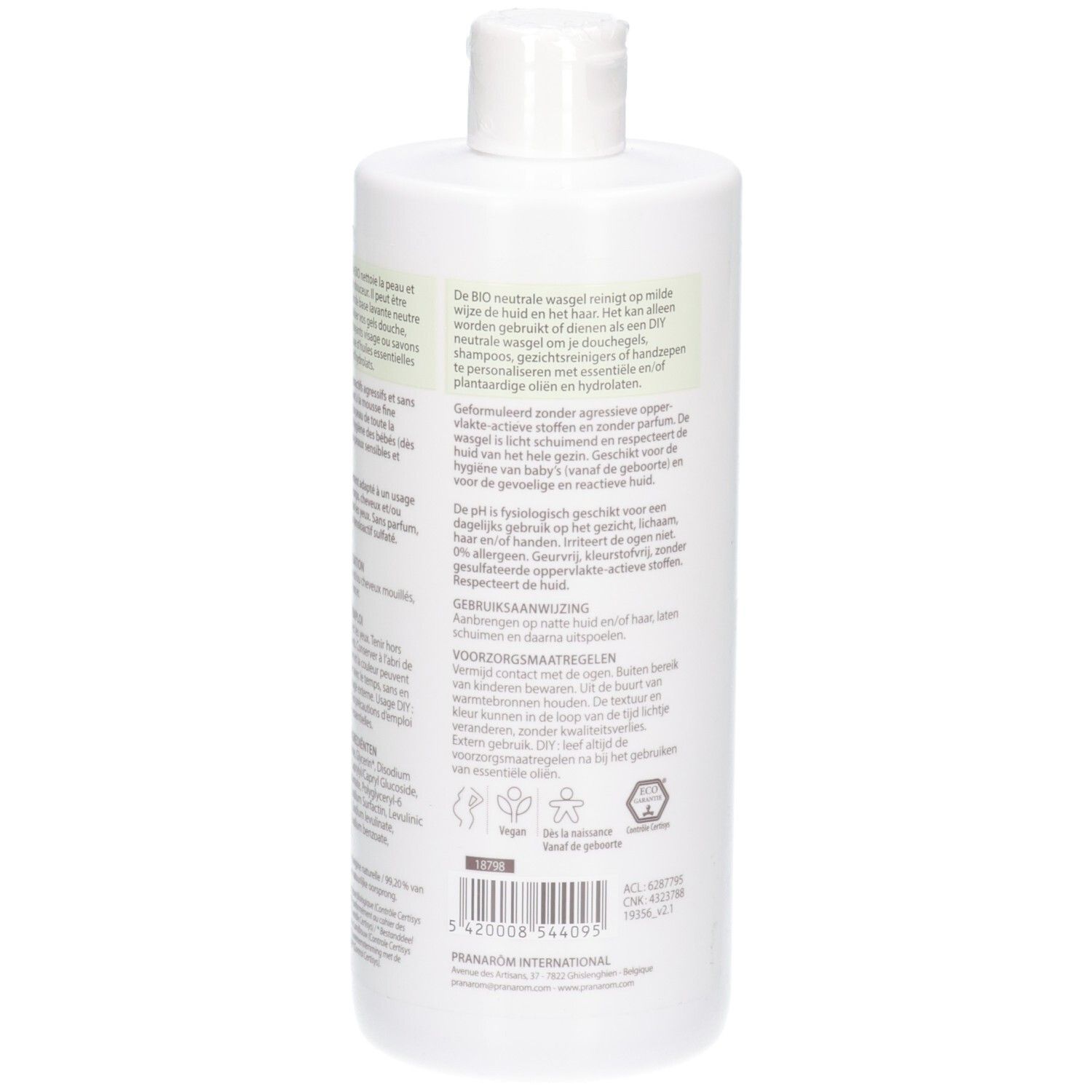 Rückseite einer weißen Flasche Pranarôm Neutrale Waschgel mit Bio-Siegel, Inhaltsstoffen und Siegeln.