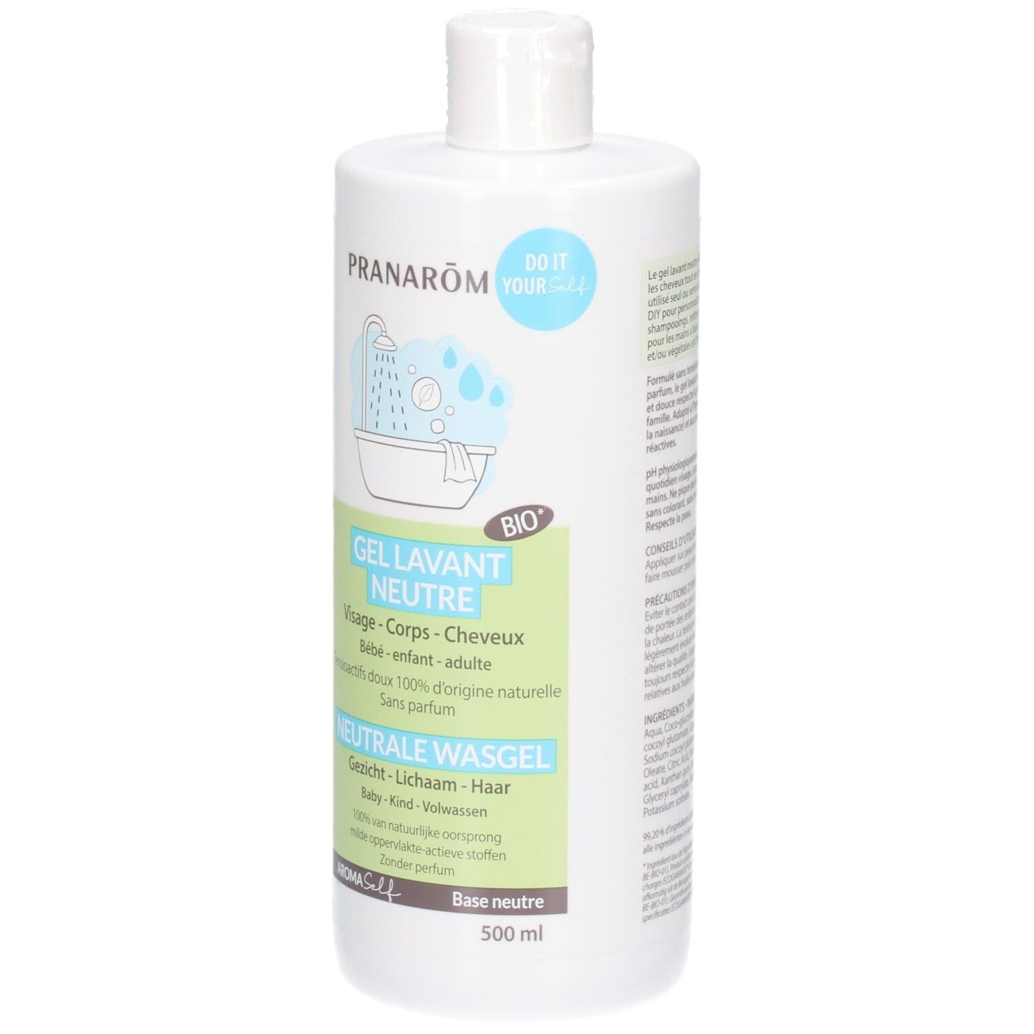 Weiße Flasche Pranarôm Neutrale Waschgel, 500ml, mit Bio-Siegel und Dusch-Symbol.