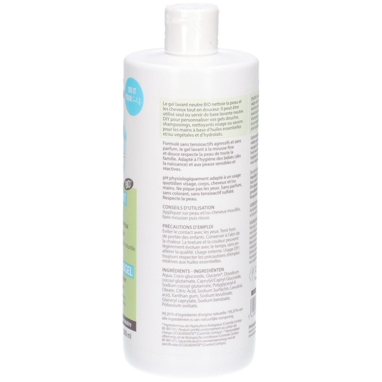 Rückseite einer weißen Flasche Pranarôm Neutrale Waschgel mit Bio-Siegel und Anwendungshinweisen.