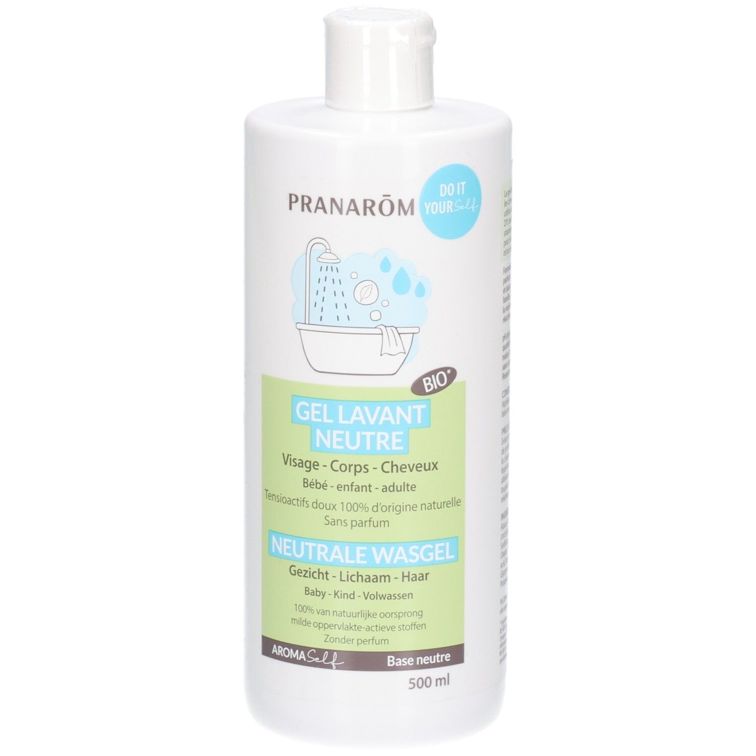 Weiße Flasche Pranarôm Neutrale Waschgel, 500ml, mit Bio-Siegel und Dusch-Symbol.