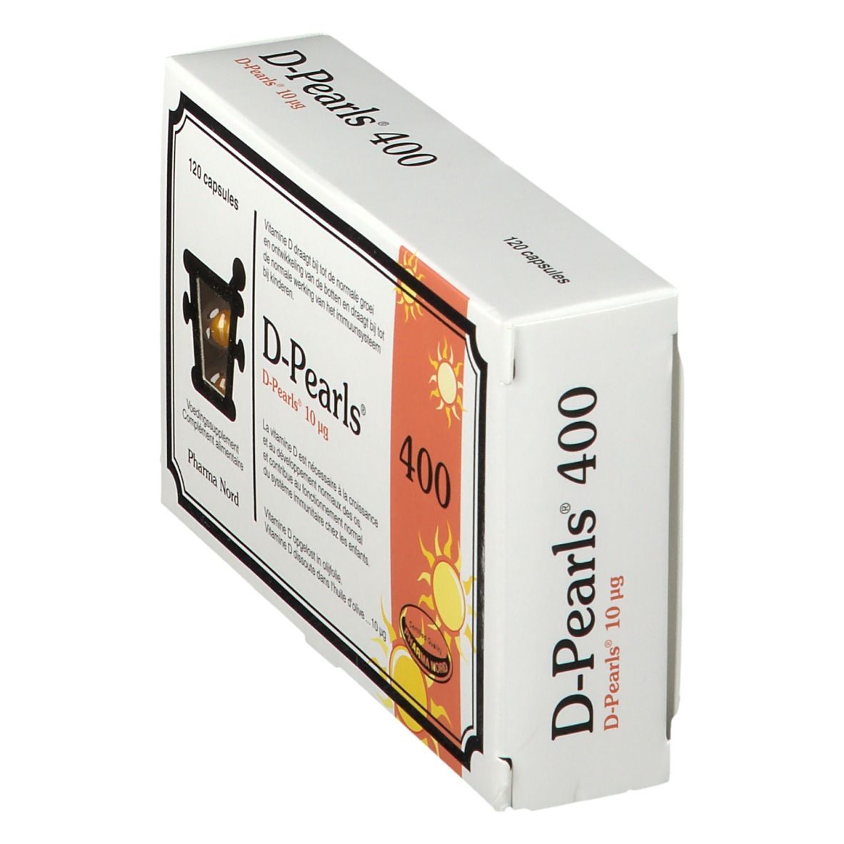 D-Pearls 400 verpakking, schuin. 120 capsules. Zichtbaar: productnaam, logo, tekst in meerdere talen.