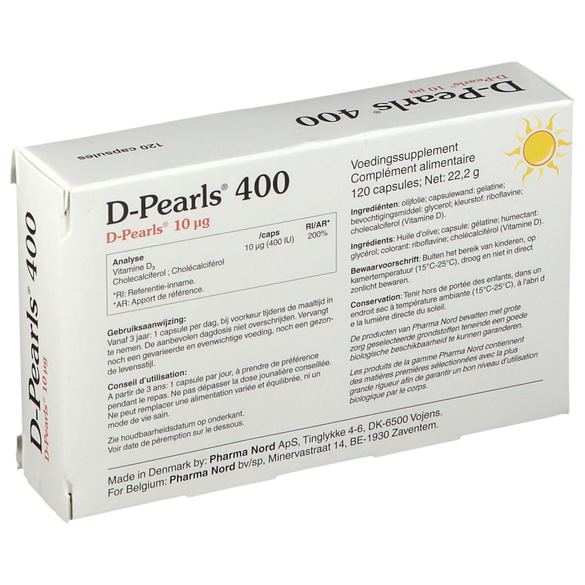D-Pearls 400 verpakking. 120 capsules. Zichtbaar: productnaam, ingrediënten, gebruiksaanwijzing, logo.