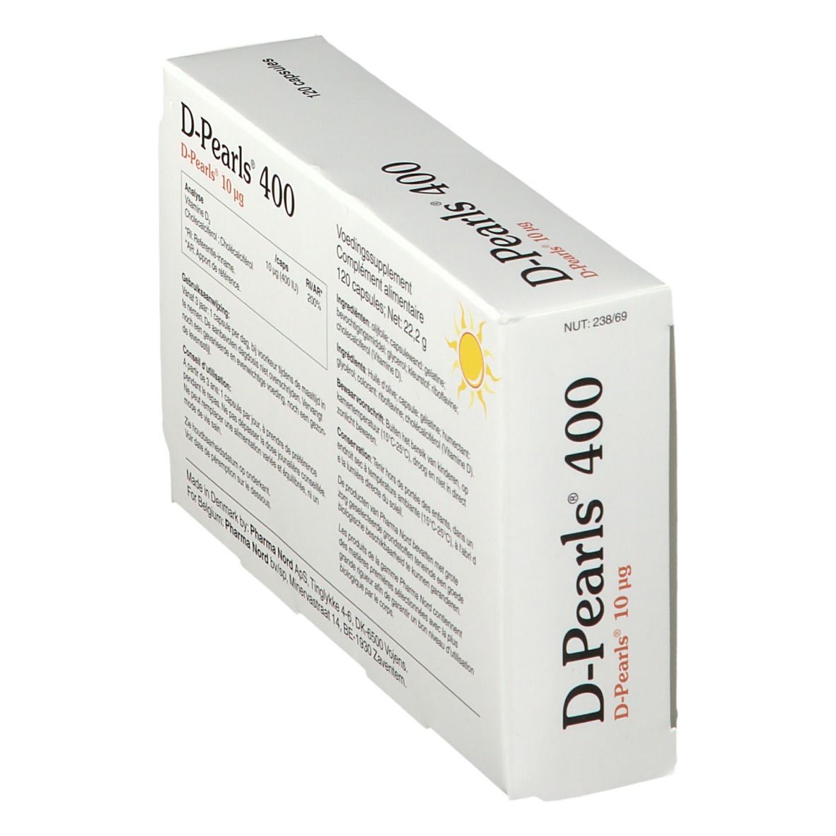 D-Pearls 400 verpakking, schuin. Zichtbaar: productnaam, tekst, logo, 120 capsules.