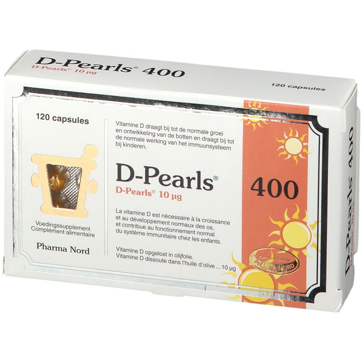D-Pearls 400 verpakking. 120 capsules. Zichtbaar: productnaam, logo, tekst in meerdere talen.