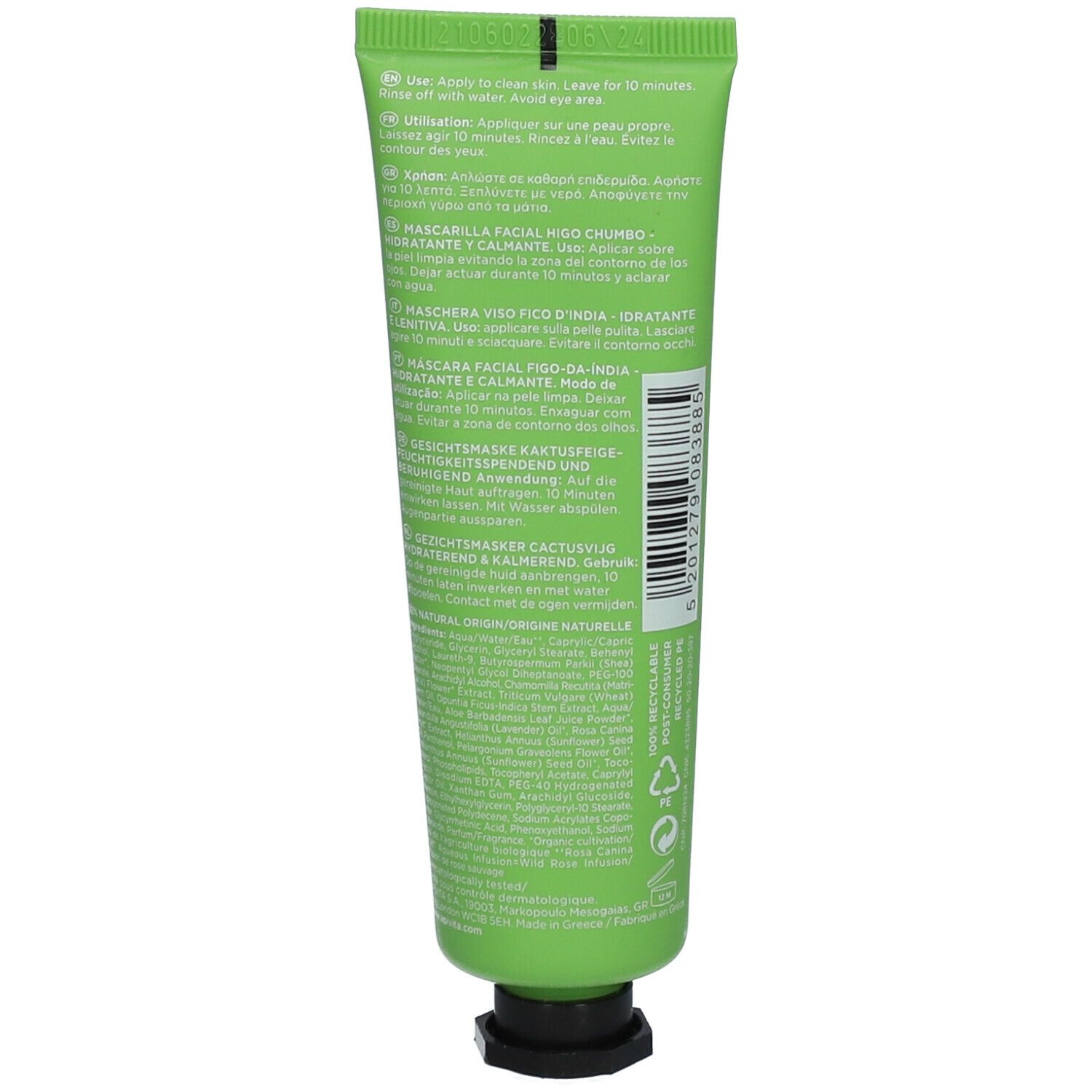 Achterkant van de groene tube. Meertalige tekst. Barcode en recycling symbolen.