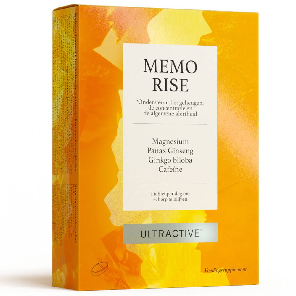 Verpakking van Ultractive Memo Rise. Bevat magnesium, Panax Ginseng, Ginkgo biloba en cafeïne. 1 tablet per dag.