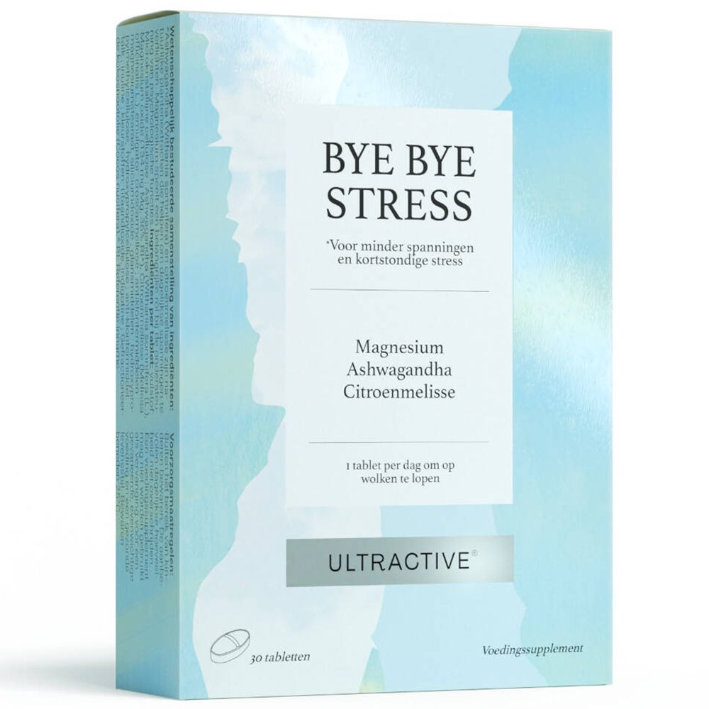Doosje "BYE BYE STRESS" tabletten. Bevat magnesium, ashwagandha en citroenmelisse. Merk ULTRACTIVE. 30 tabletten.