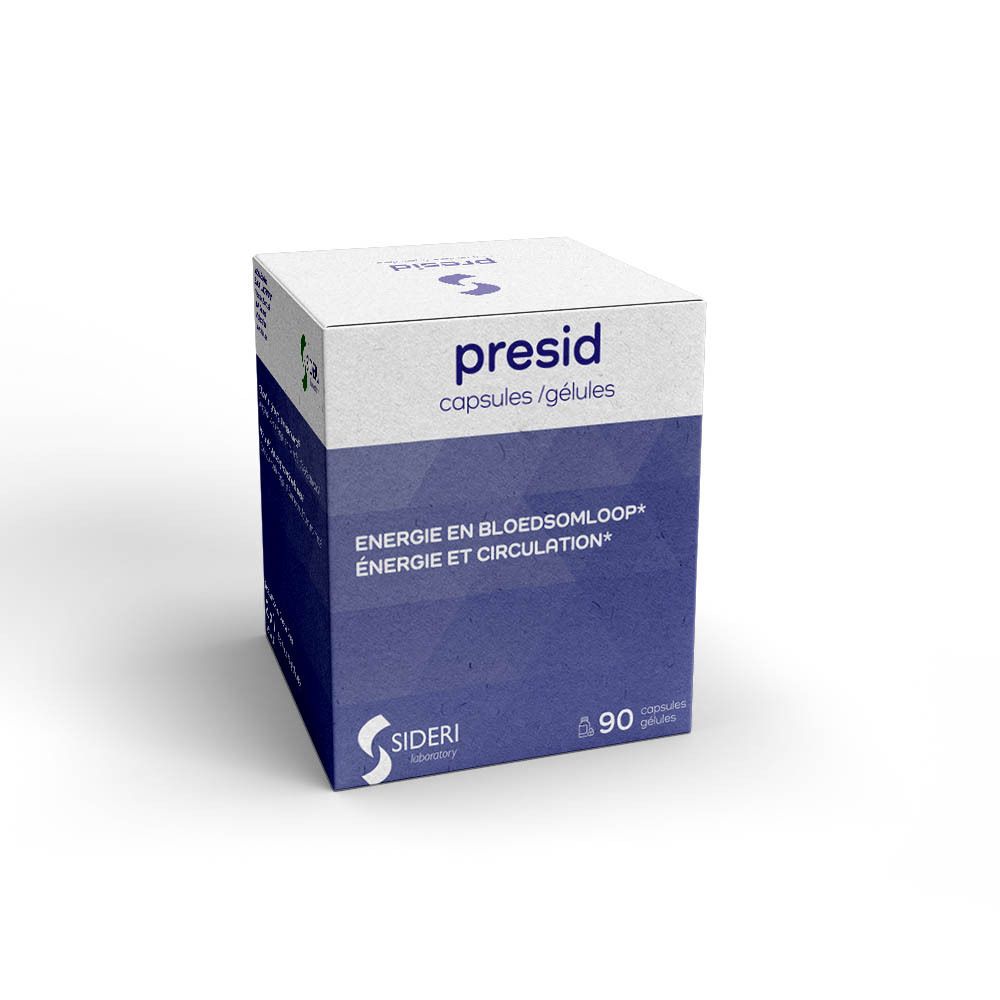 Blauwe doos. Opschrift: presid, capsules / gélules. Tekst: Energie en bloedsomloop. 90 capsules.