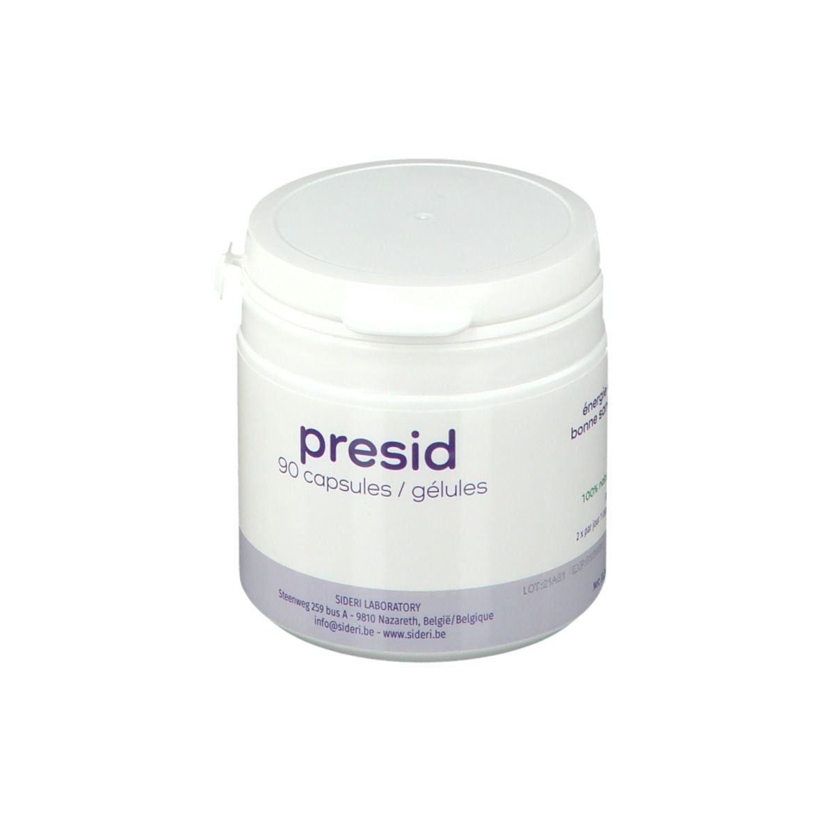 Witte pot met deksel. Opschrift: presid, 90 capsules / gélules. Tekst: énergie et bonne santé.