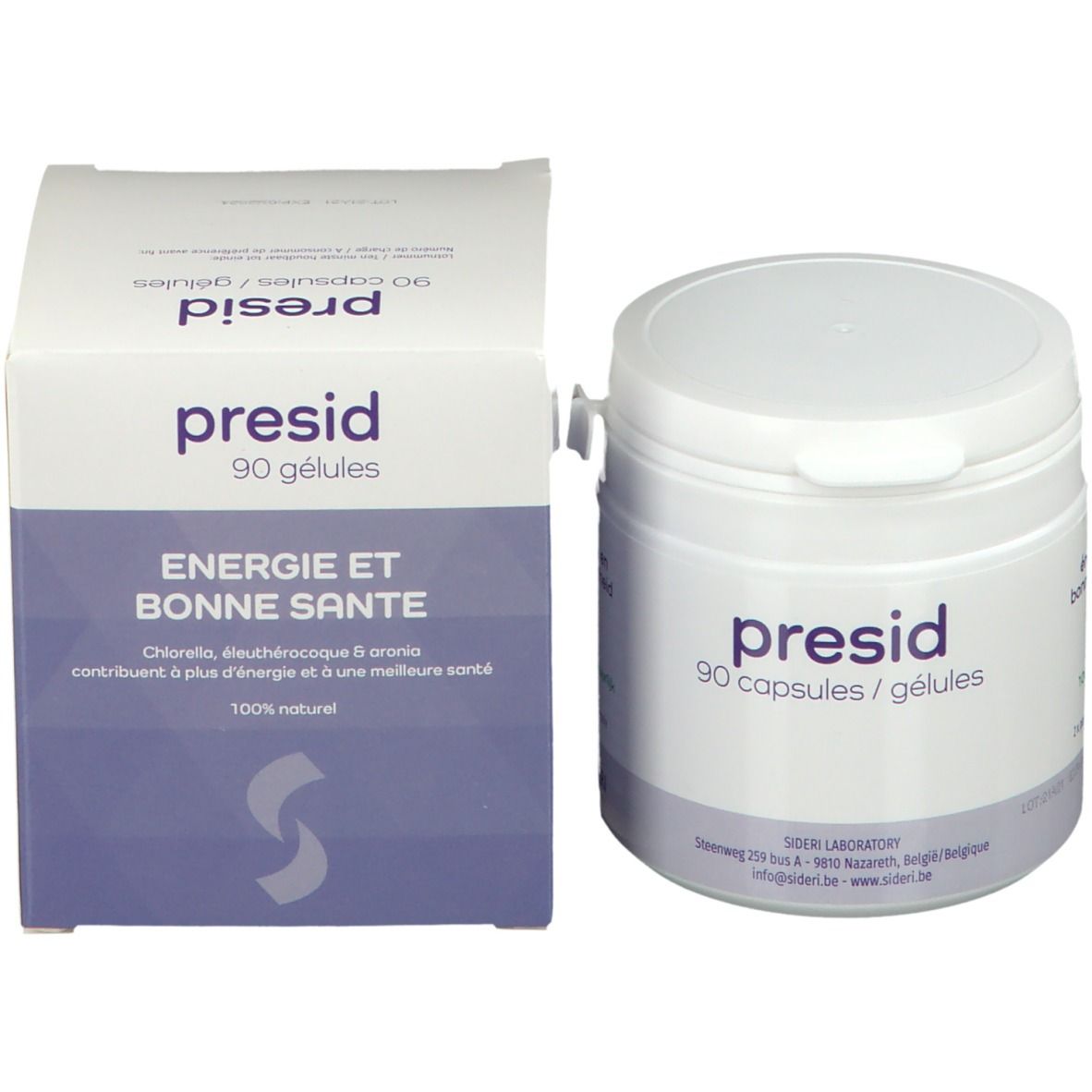 Witte pot en doos. Opschrift: presid, 90 gélules. Tekst: Energie et bonne santé. 100% naturel.