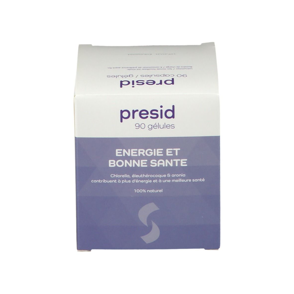 Witte doos. Opschrift: presid, 90 gélules. Tekst: Energie et bonne santé. 100% naturel.