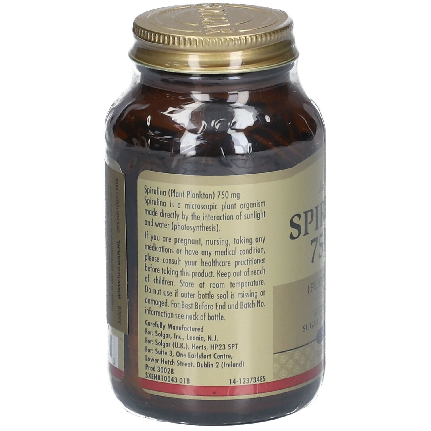 Dos du flacon en verre brun SOLGAR Spirulina 750 mg. Informations textuelles et coordonnées du fabricant.