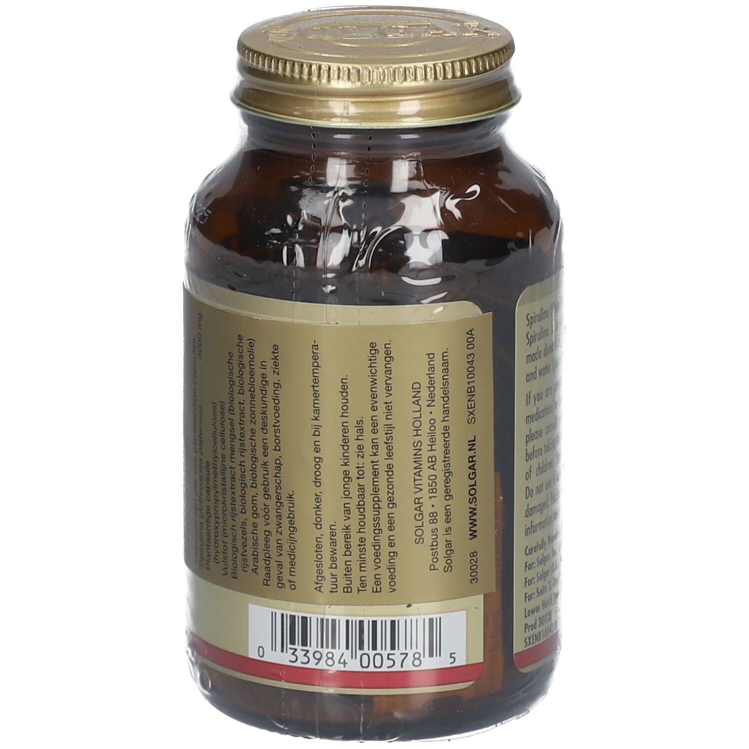 Dos du flacon en verre brun SOLGAR Spirulina 750 mg. Code-barres et informations textuelles.