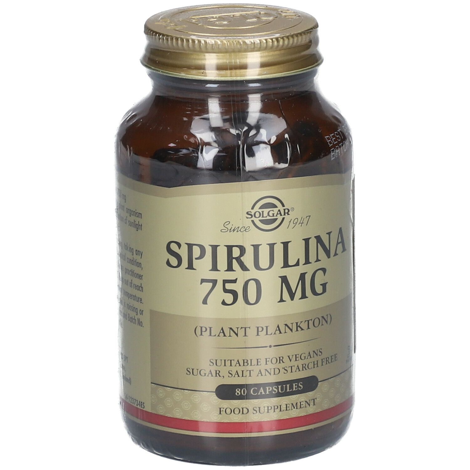 Flacon en verre brun SOLGAR Spirulina 750 mg. Bouchon doré. Inscription: 80 gélules, convient aux végétaliens.