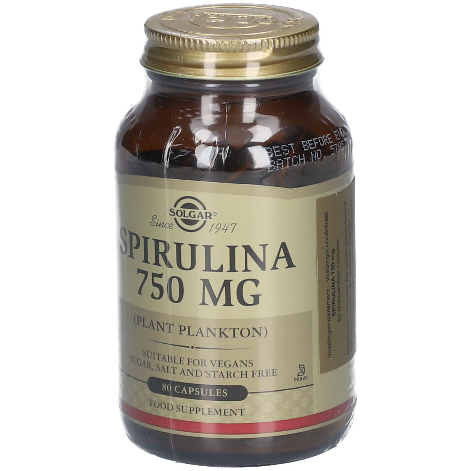 Flacon en verre brun SOLGAR Spirulina 750 mg. Bouchon doré. Inscription: 80 gélules, convient aux végétaliens.