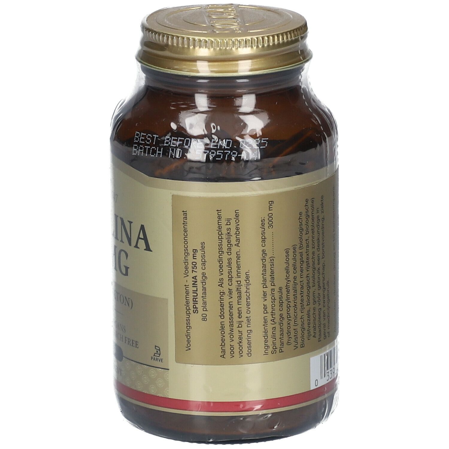Dos du flacon en verre brun SOLGAR Spirulina 750 mg. Informations textuelles et coordonnées du fabricant.