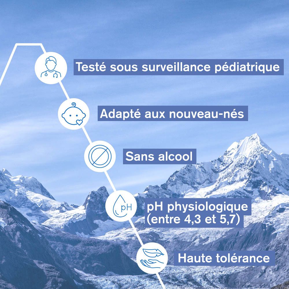 Informations produit. Testé sous surveillance pédiatrique. Adapté aux nouveau-nés. Sans alcool.