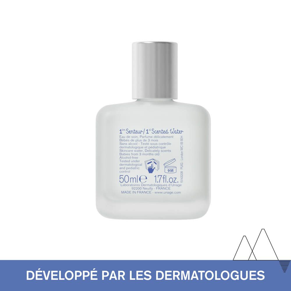 Flacon du produit. Uriage Bébé 1ère Senteur. 1st Scented water. 50ml. Fabriqué en France.