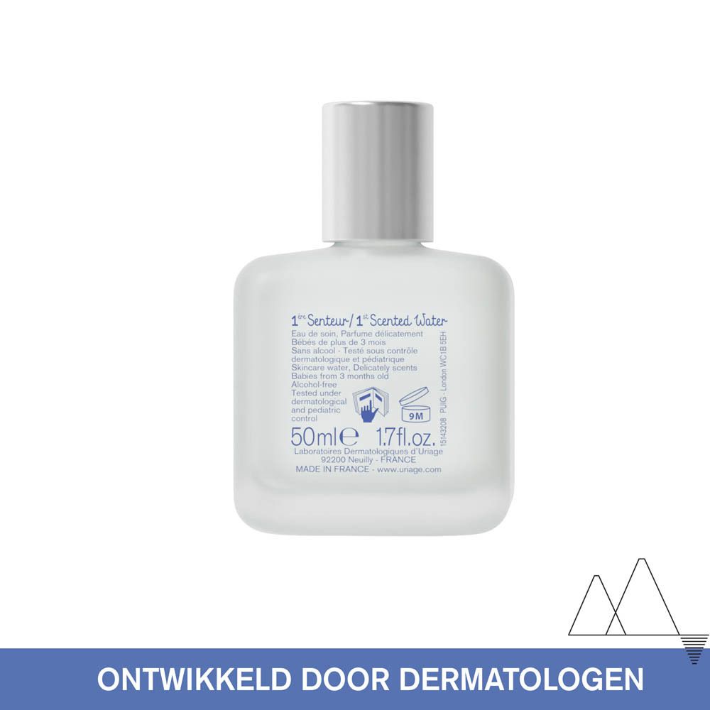 Productflesje. Uriage Bébé 1ère Senteur. 1st Scented water. 50ml. Gemaakt in Frankrijk.