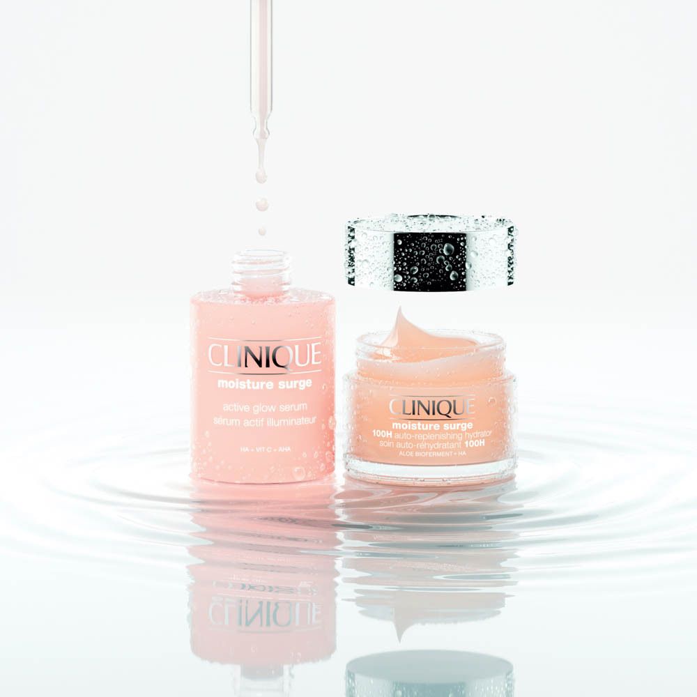 Clinique Moisture Surge Flasche und Tiegel mit feuchtigkeitsspendendem Gel.