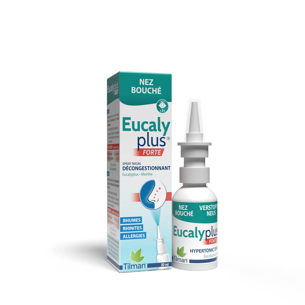 Boîte et flacon de spray nasal Eucalyplus Forte. Inscription : Nez Bouché, Eucalyplus Forte, 20 ml.