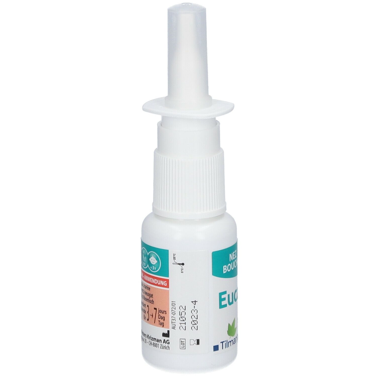 Flacon de spray nasal blanc avec bouchon. Inscription : Eucalyplus Forte, Nez Bouché, Verstopfte Nase. Texte au dos.