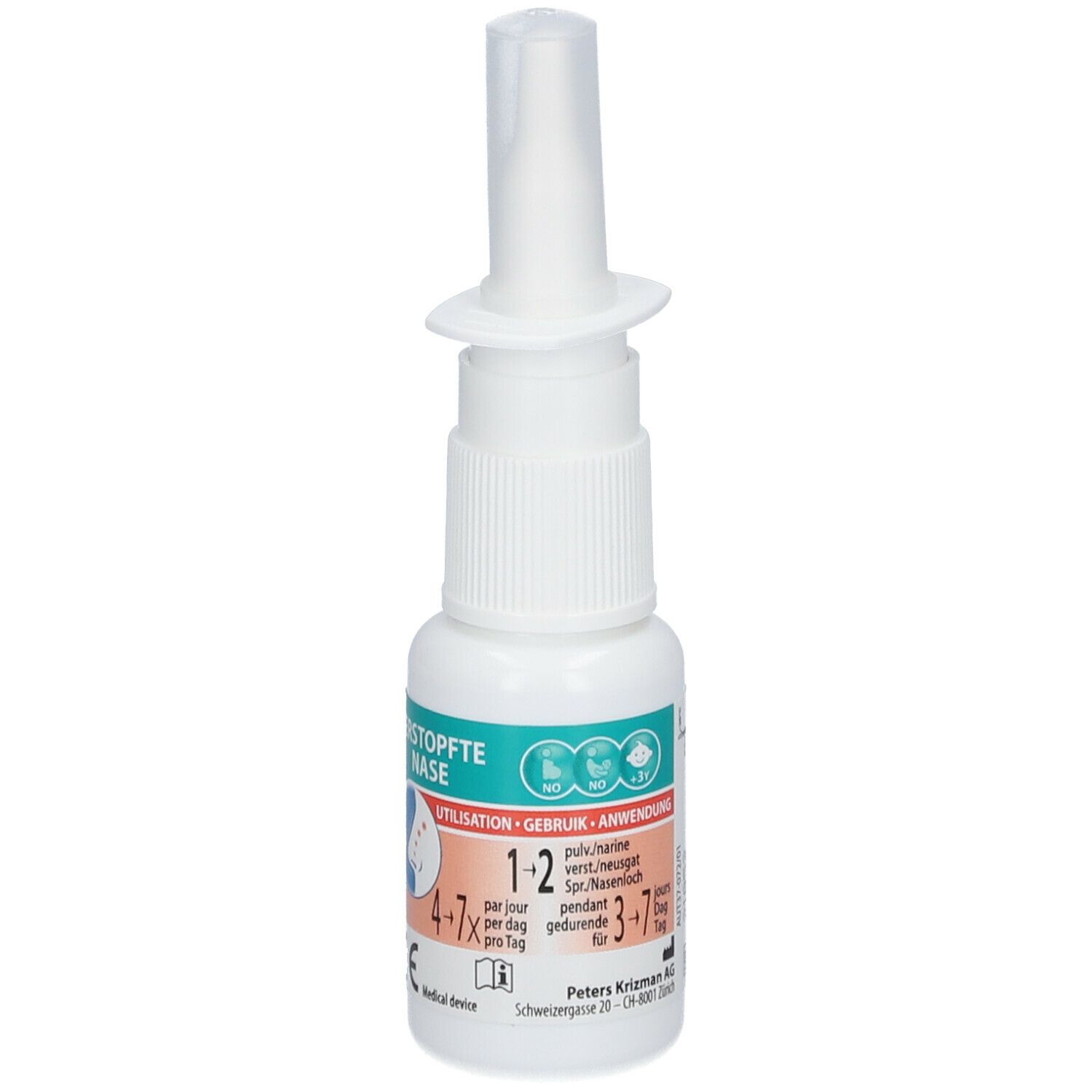 Flacon de spray nasal blanc. Inscription : Eucalyplus Forte, Nez Bouché, Verstopfte Nase. Texte avec dosage.