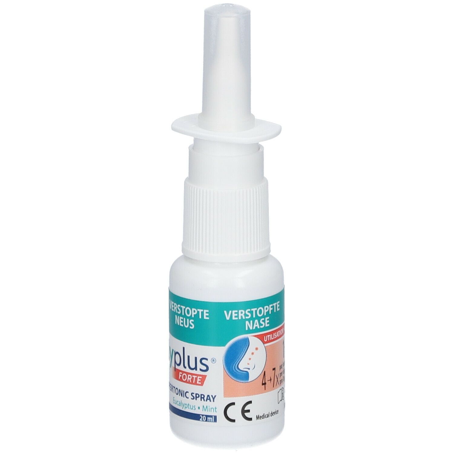 Flacon de spray nasal blanc. Inscription : Eucalyplus Forte, Nez Bouché, Verstopfte Nase. Marque CE.