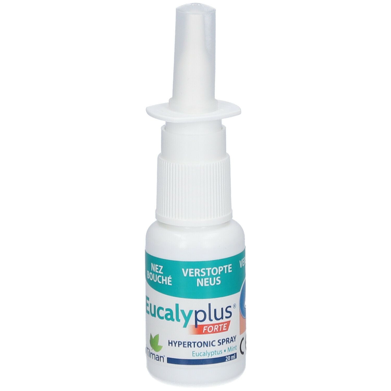 Flacon de spray nasal blanc. Inscription : Eucalyplus Forte, Nez Bouché, Verstopfte Nase. 20 ml.