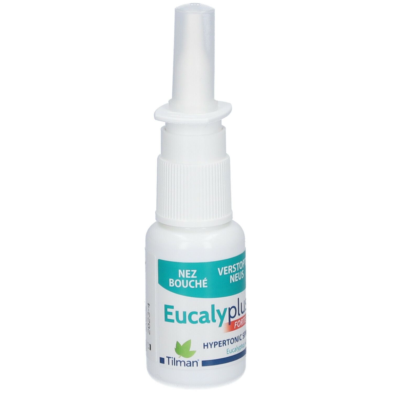 Flacon de spray nasal blanc. Inscription : Eucalyplus Forte, Nez Bouché, Verstopfte Nase.