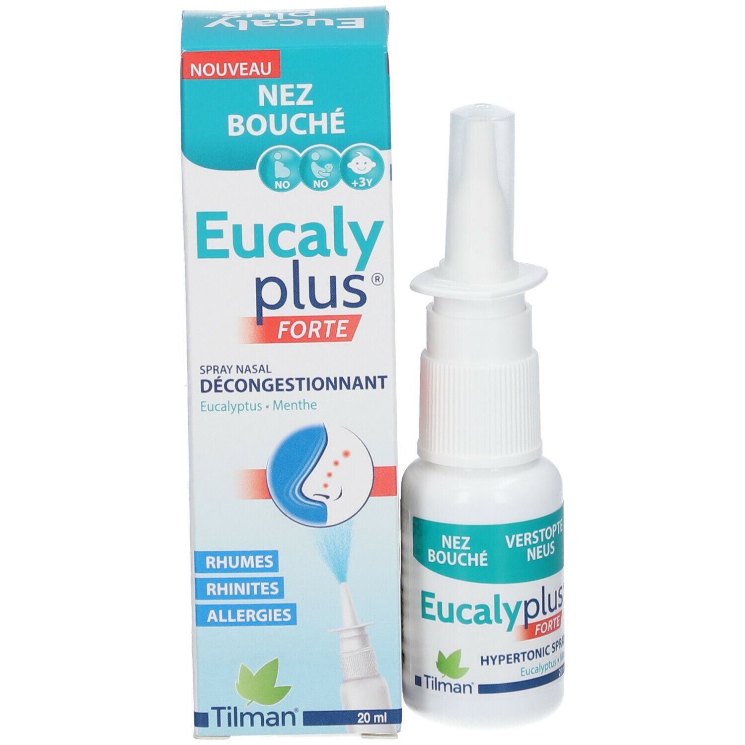 Boîte et flacon de spray nasal Eucalyplus Forte. Inscription : Nez Bouché, Eucalyplus Forte, 20 ml.