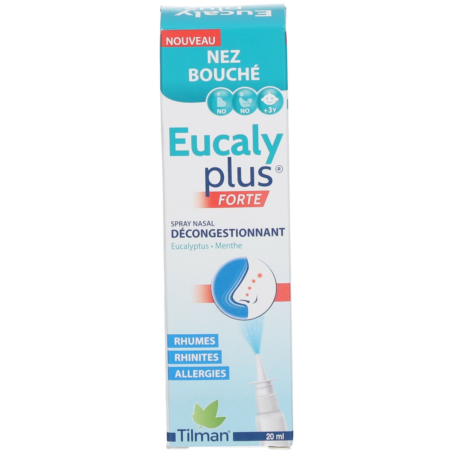 Boîte de spray nasal Eucalyplus Forte. Inscription : Nez Bouché, Eucalyplus Forte, 20 ml.