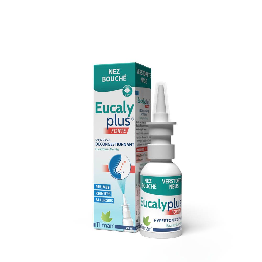 Boîte et flacon de spray nasal Eucalyplus Forte. Inscription : Nez Bouché, Eucalyplus Forte, 20 ml.
