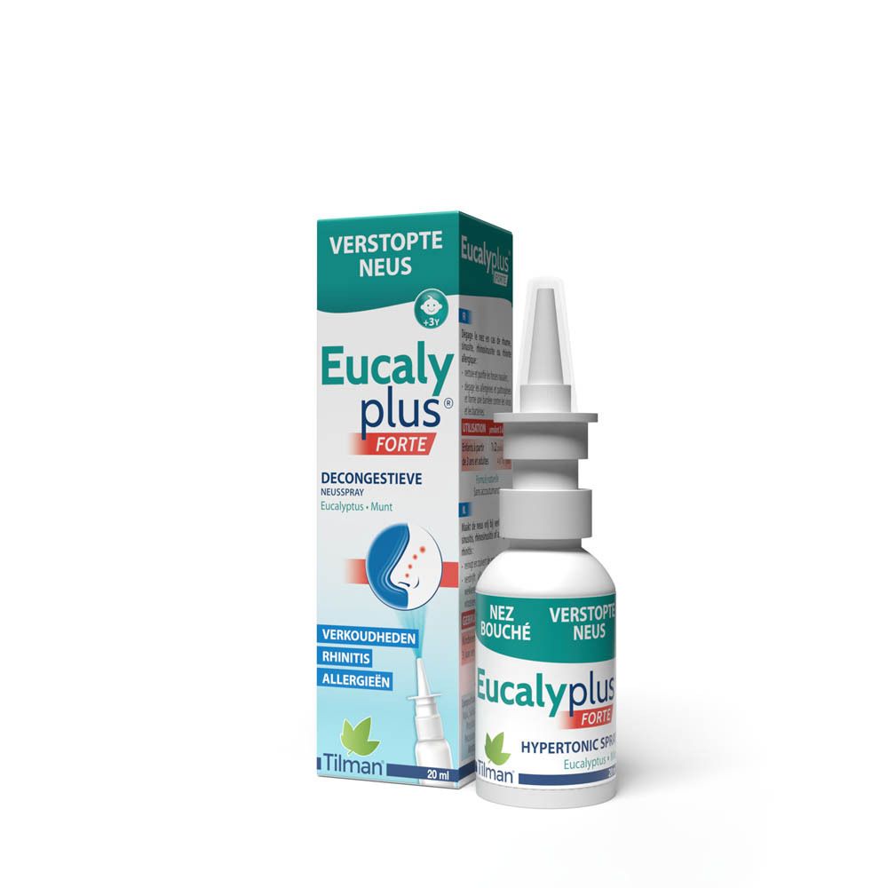 Verpakking en flesje Eucalyplus Forte neusspray. Opschrift: Verstopte Neus, Eucalyplus Forte, 20 ml.
