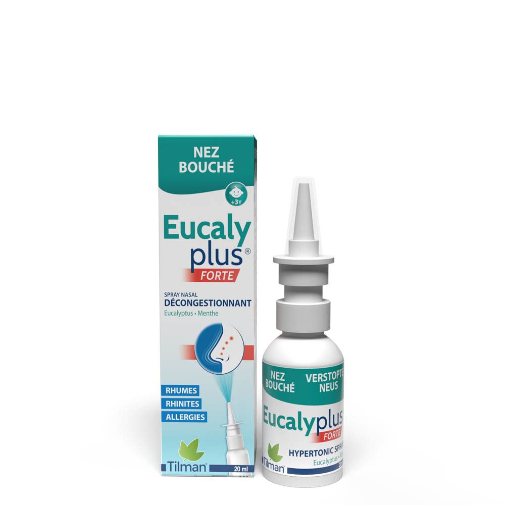Boîte et flacon de spray nasal Eucalyplus Forte. Inscription : Nez Bouché, Eucalyplus Forte, 20 ml.
