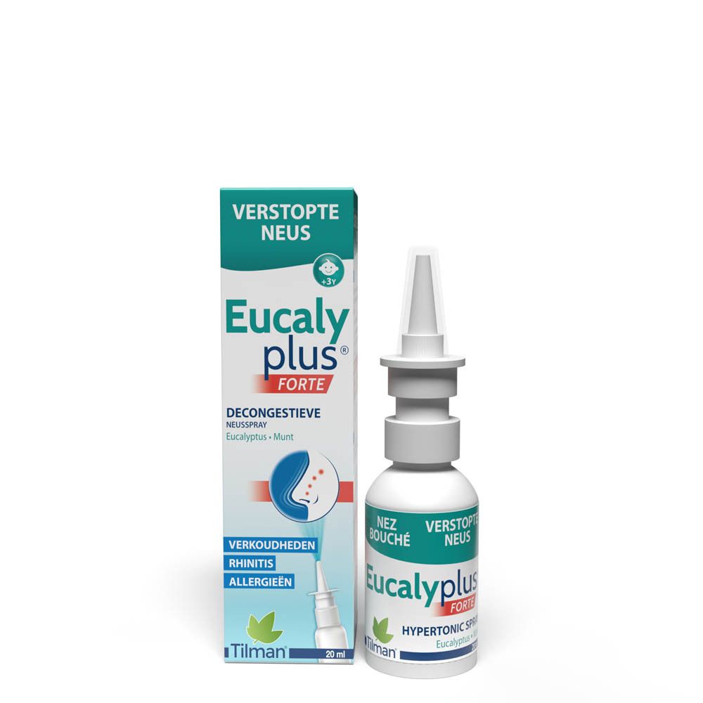 Verpakking en flesje Eucalyplus Forte neusspray. Opschrift: Verstopte Neus, Eucalyplus Forte, 20 ml.