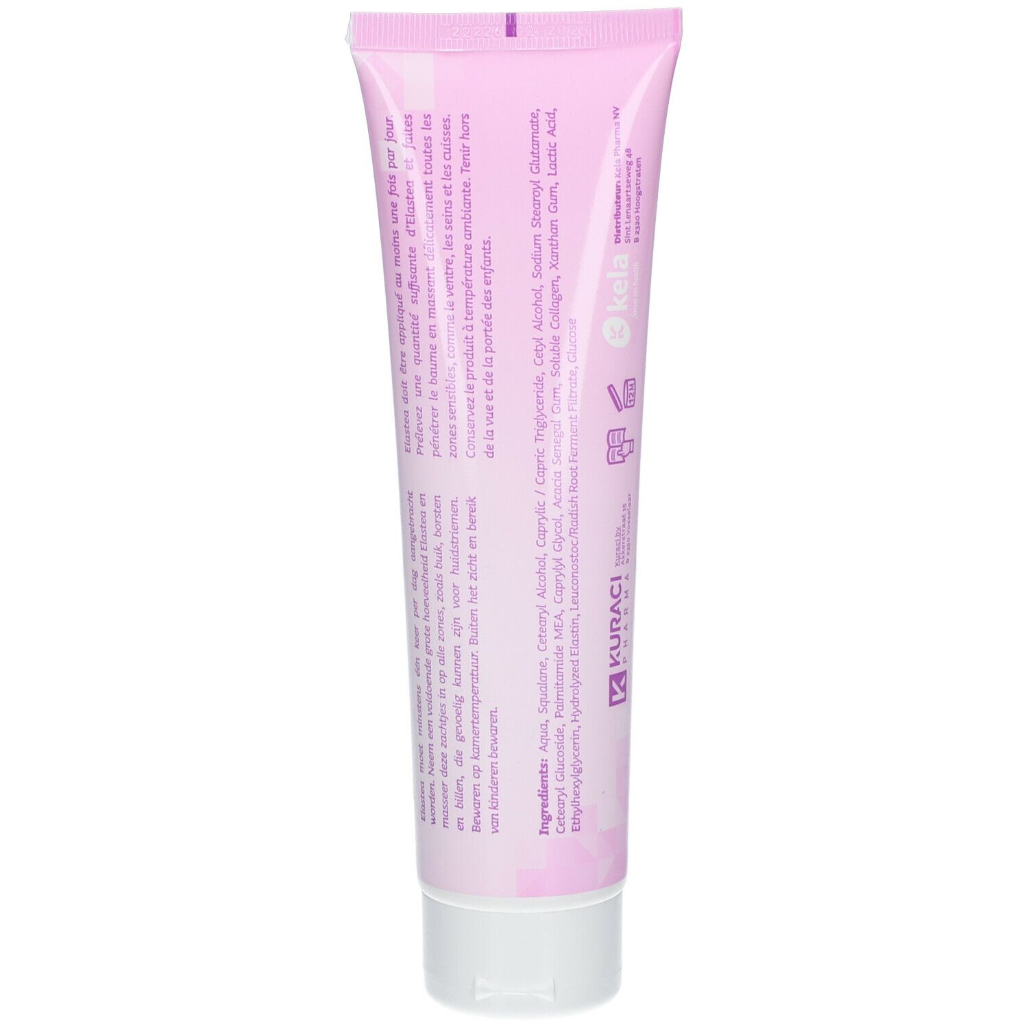 Achterkant van de roze tube. Tekst in meerdere talen. Ingrediënten en fabrikantinfo.